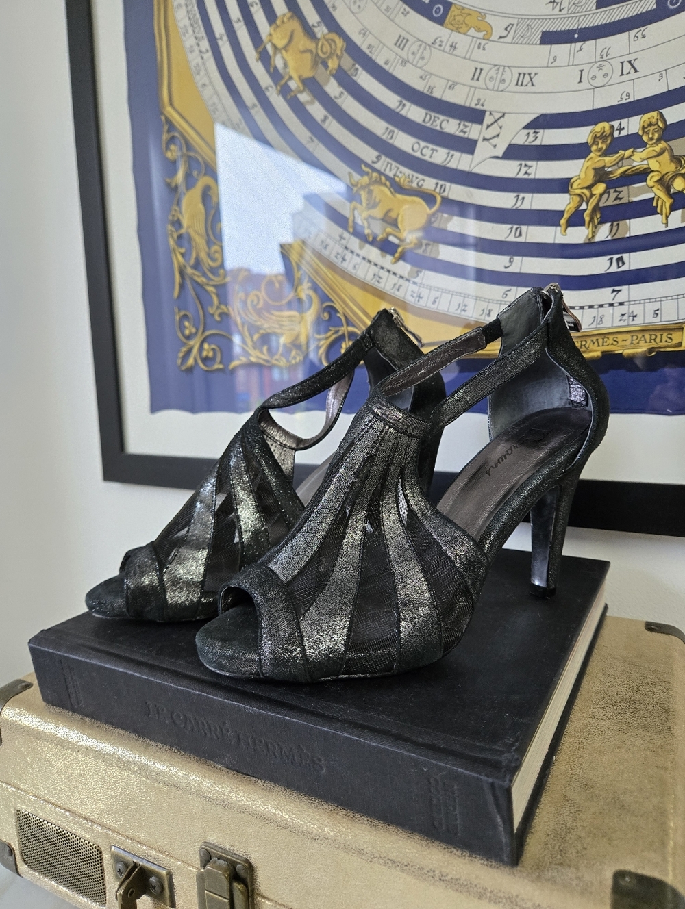 Elegant Black Metallic Peep-Toe Stiletto Heels with Ankle Zip